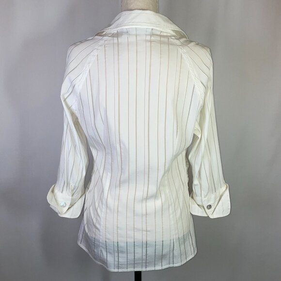 Farinaz Taghavi Ruched Blouse Size 12 White Sheer Stripes Abalone Button Down - Picture 3 of 9